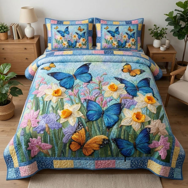 Meadow Bloom quilted 3-piece bedding set on a made bed with two matching pillow shams