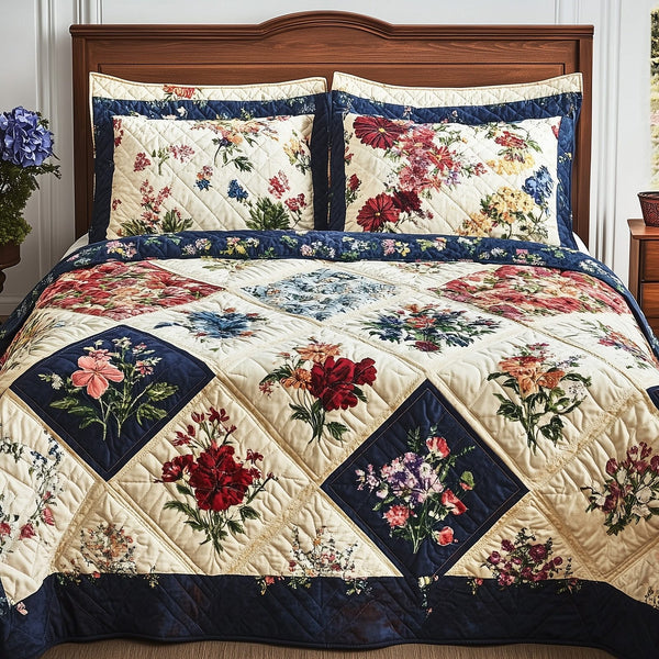 Meadow Blooms Patchwork quilted 3-piece bedding set on a made bed in a farmhouse bedroom