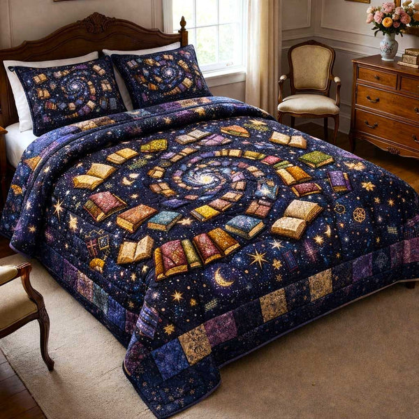 Meadow Books quilted 3-piece bedding set on a made bed with two matching pillow shams