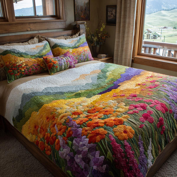 Meadow Breeze quilted 3-piece bedding set on a made bed with two matching pillow shams