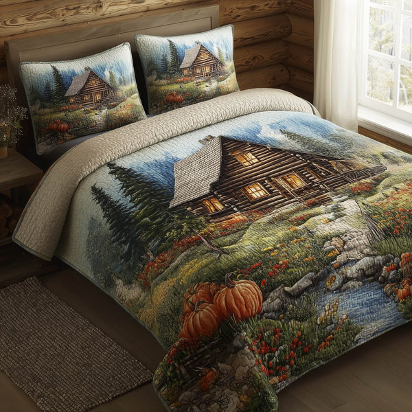 Meadow Cabin quilted 3-piece bedding set on a made bed with two matching pillow shams