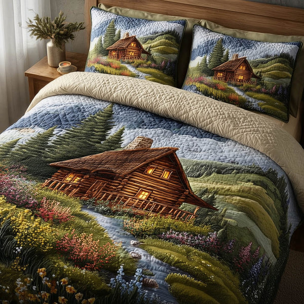 Meadow Cabin quilted 3-piece bedding set on a made bed with two matching pillow shams
