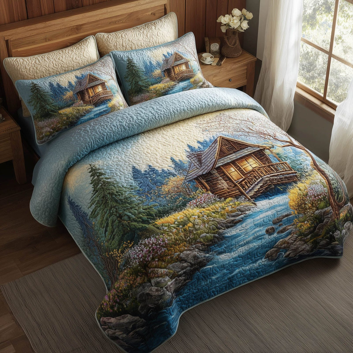 Meadow Cabin quilted 3-piece bedding set on a made bed with two matching pillow shams