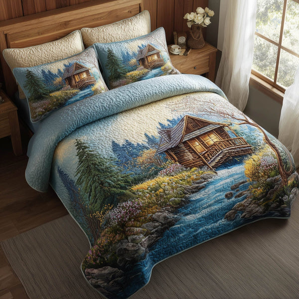Meadow Cabin quilted 3-piece bedding set on a made bed with two matching pillow shams