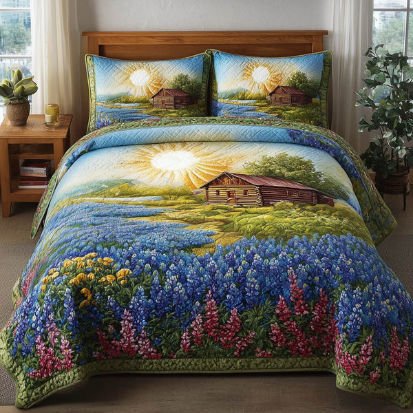 Meadow Cabin quilted 3-piece bedding set on a made bed with two matching pillow shams