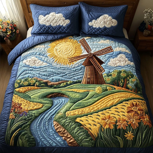 Meadow Calm quilted 3-piece bedding set on a made bed with two matching pillow shams