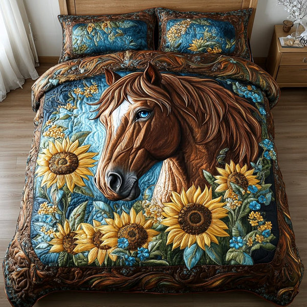 Meadow Charge quilted 3-piece bedding set on a made bed with two matching pillow shams