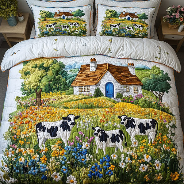 Meadow Cows quilted 3-piece bedding set on a made bed with two matching pillow shams