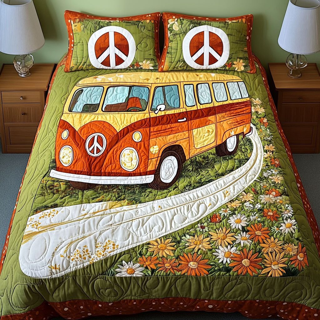 Meadow Cruiser quilted 3-piece bedding set on a made bed with two matching pillow shams