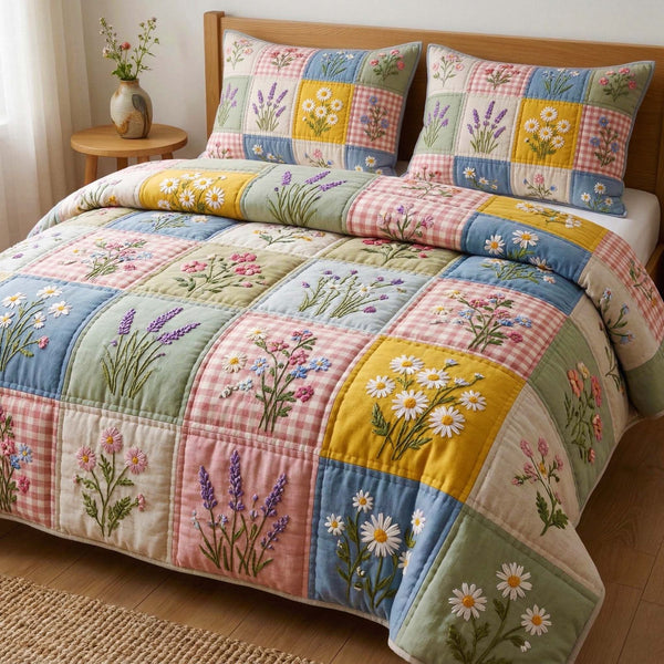 Meadow Daisies quilted 3-piece bedding set on a made bed with two matching pillow shams