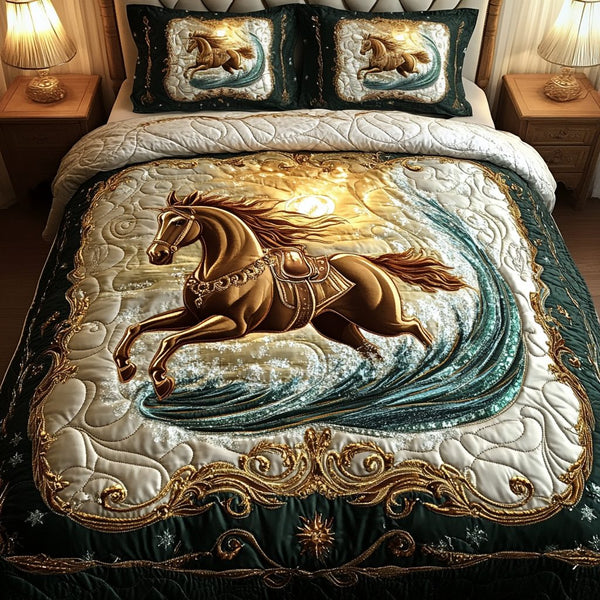 Meadow Dash quilted 3-piece bedding set on a made bed with two matching pillow shams