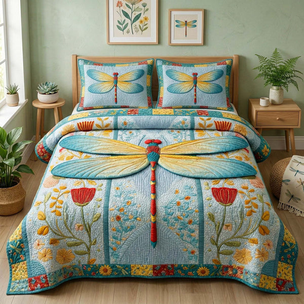 Meadow Dragonfly quilted 3-piece bedding set on a made bed with two matching pillow shams