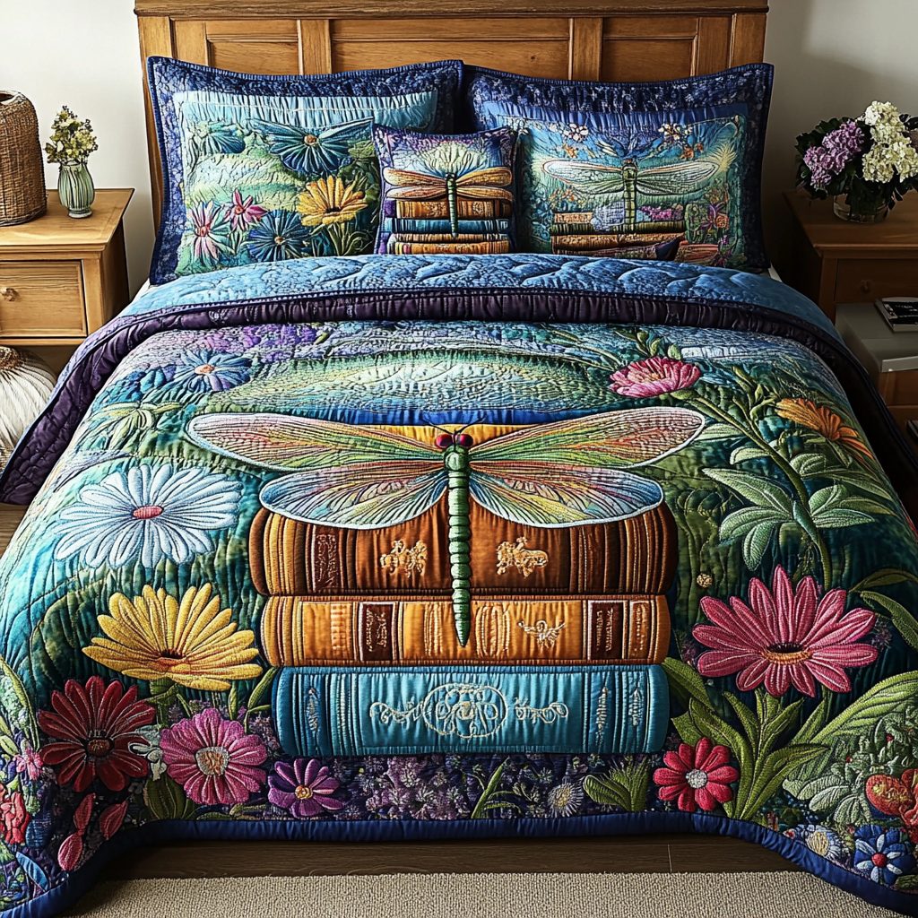 Meadow Dragonfly Serenity quilted 3-piece bedding set on a made bed with two matching pillow shams