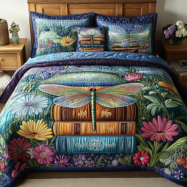 Meadow Dragonfly Serenity quilted 3-piece bedding set on a made bed with two matching pillow shams