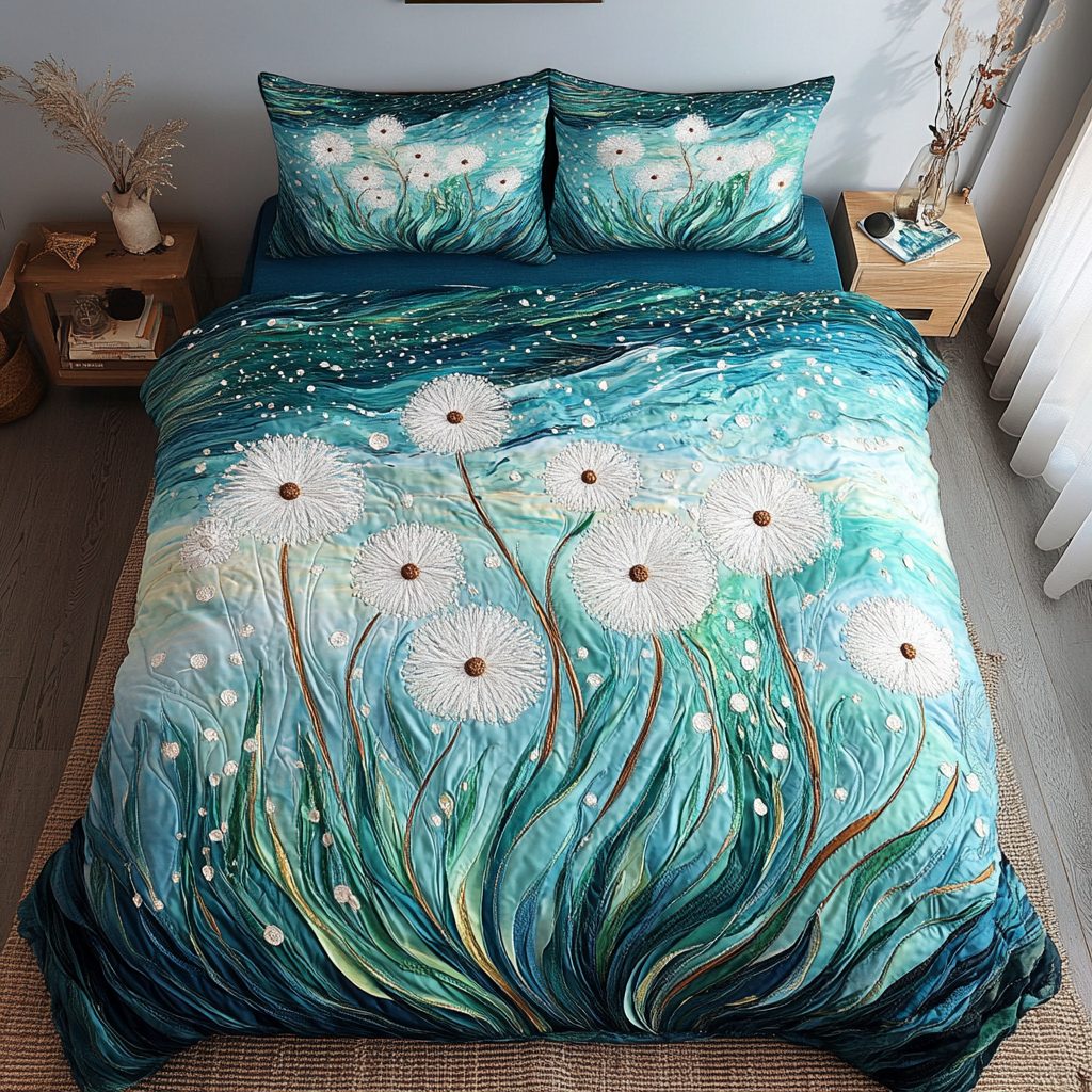 Meadow Dream quilted 3-piece bedding set on a made bed with two matching pillow shams