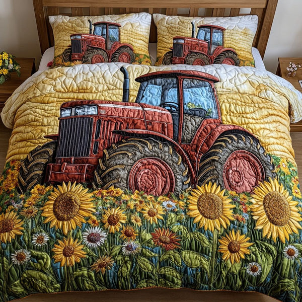 Meadow Drive quilted 3-piece bedding set on a made bed with two matching pillow shams