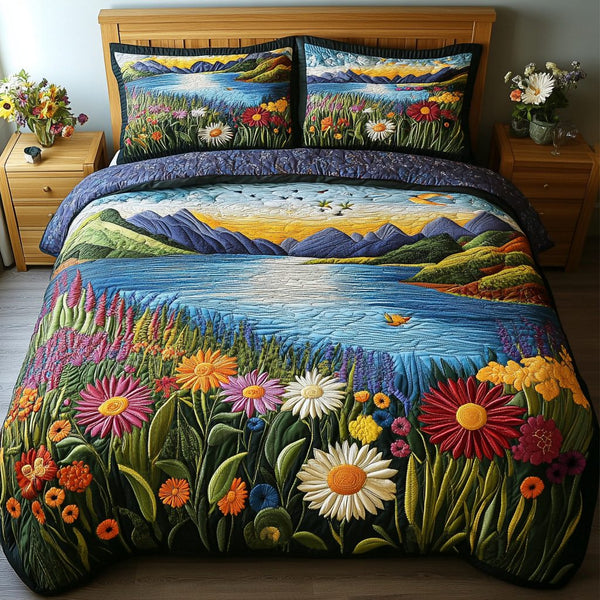 Meadow Escape quilted 3-piece bedding set on a made bed with two matching pillow shams