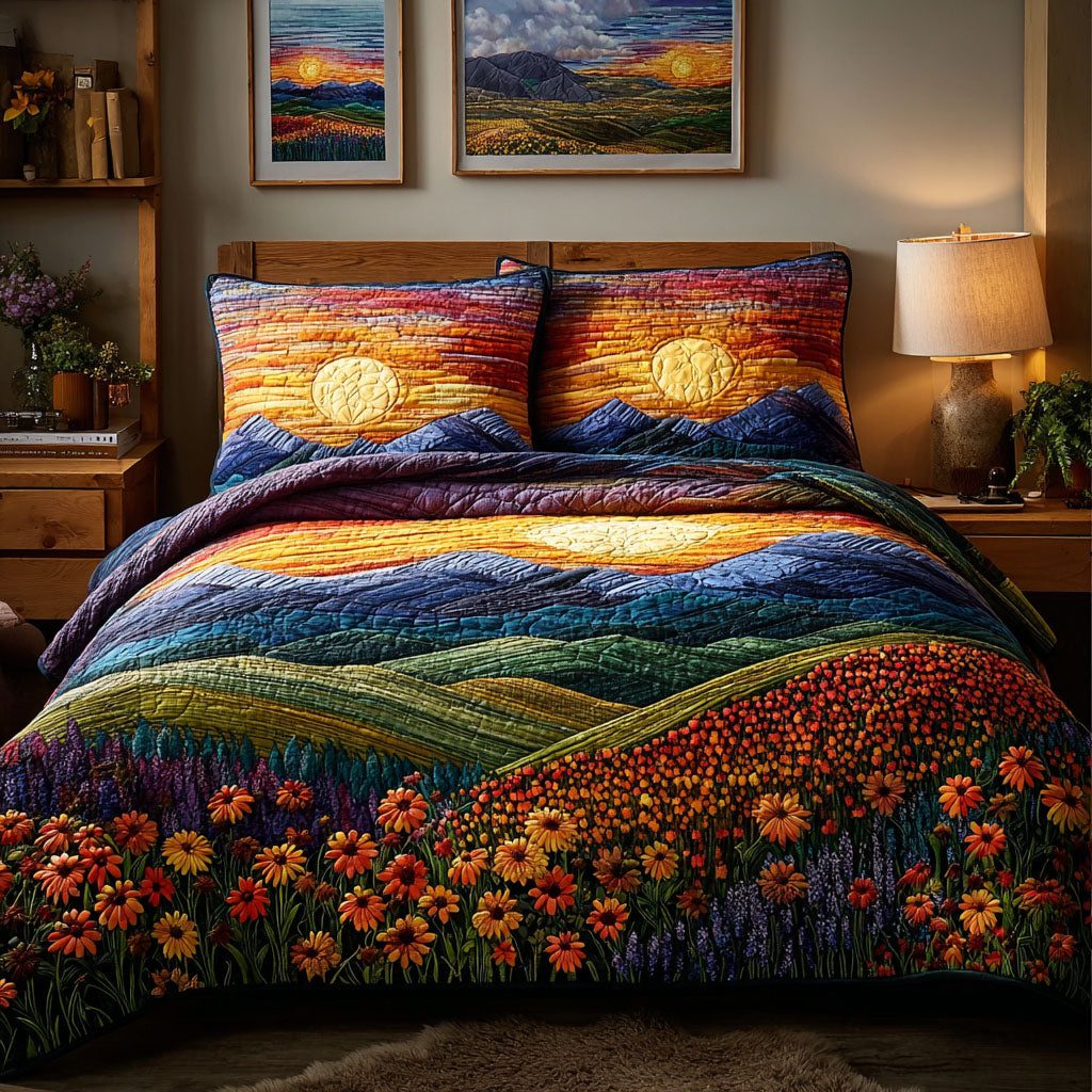 Meadow Field quilted 3-piece bedding set on a made bed with two matching pillow shams