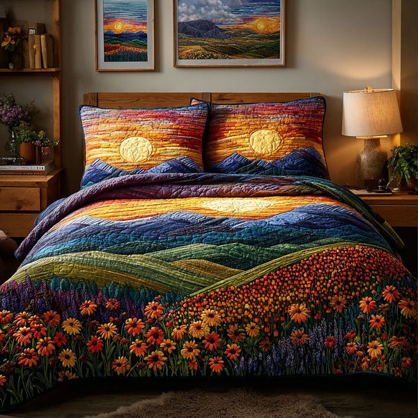 Meadow Field quilted 3-piece bedding set on a made bed with two matching pillow shams
