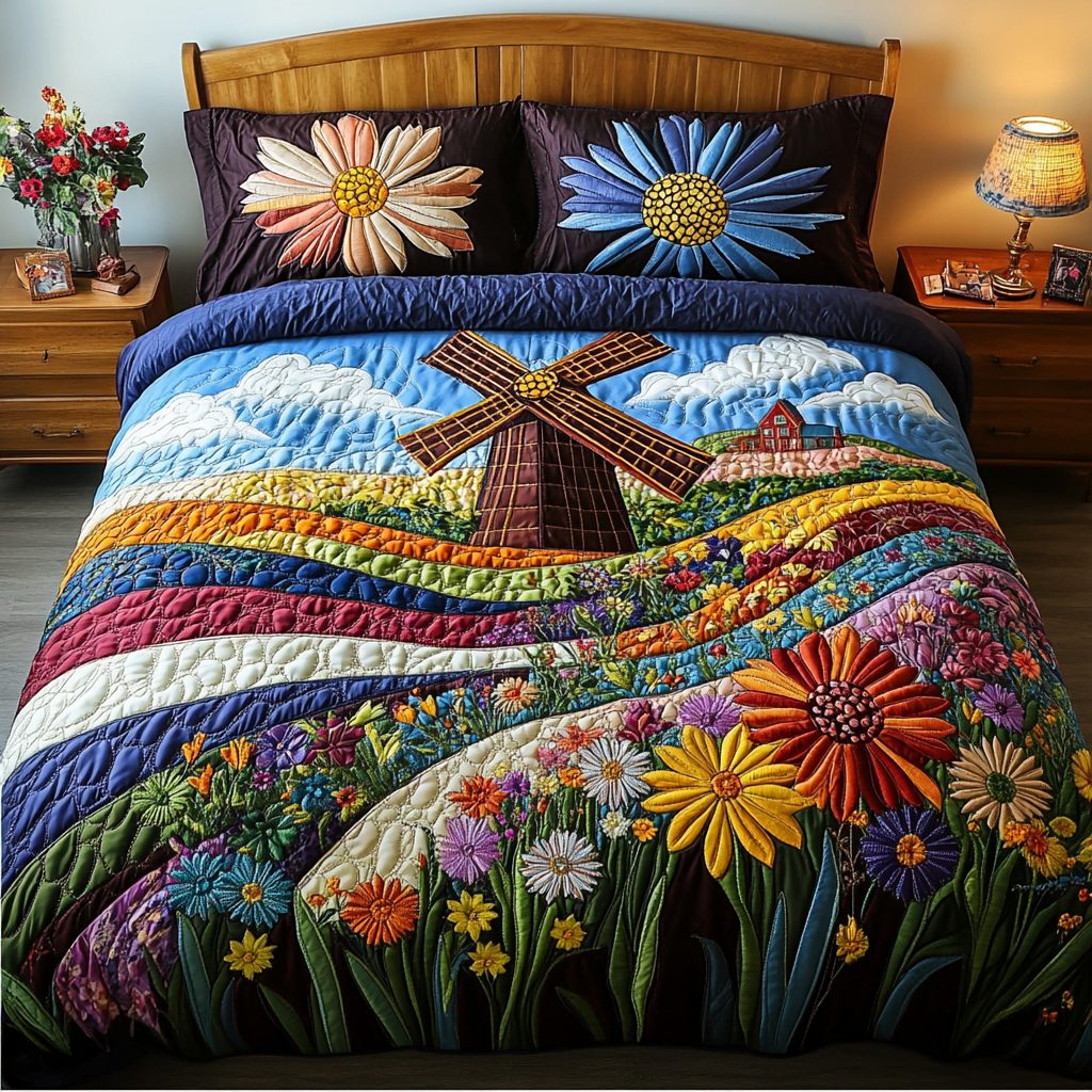 Meadow Flow quilted 3-piece bedding set on a made bed with two matching pillow shams