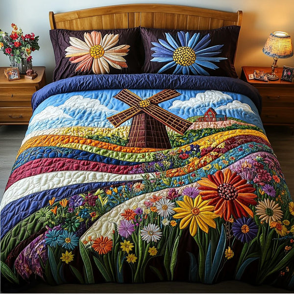 Meadow Flow quilted 3-piece bedding set on a made bed with two matching pillow shams
