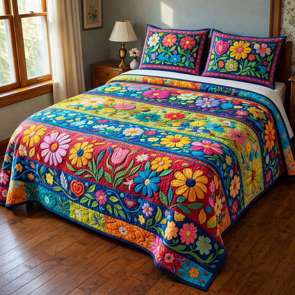 Meadow Flowers quilted 3-piece bedding set on a made bed with two matching pillow shams