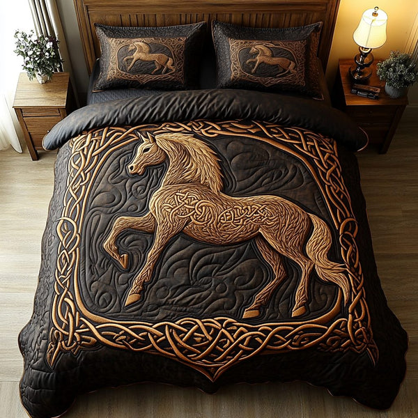 Meadow Gallop quilted 3-piece bedding set on a made bed with two matching pillow shams