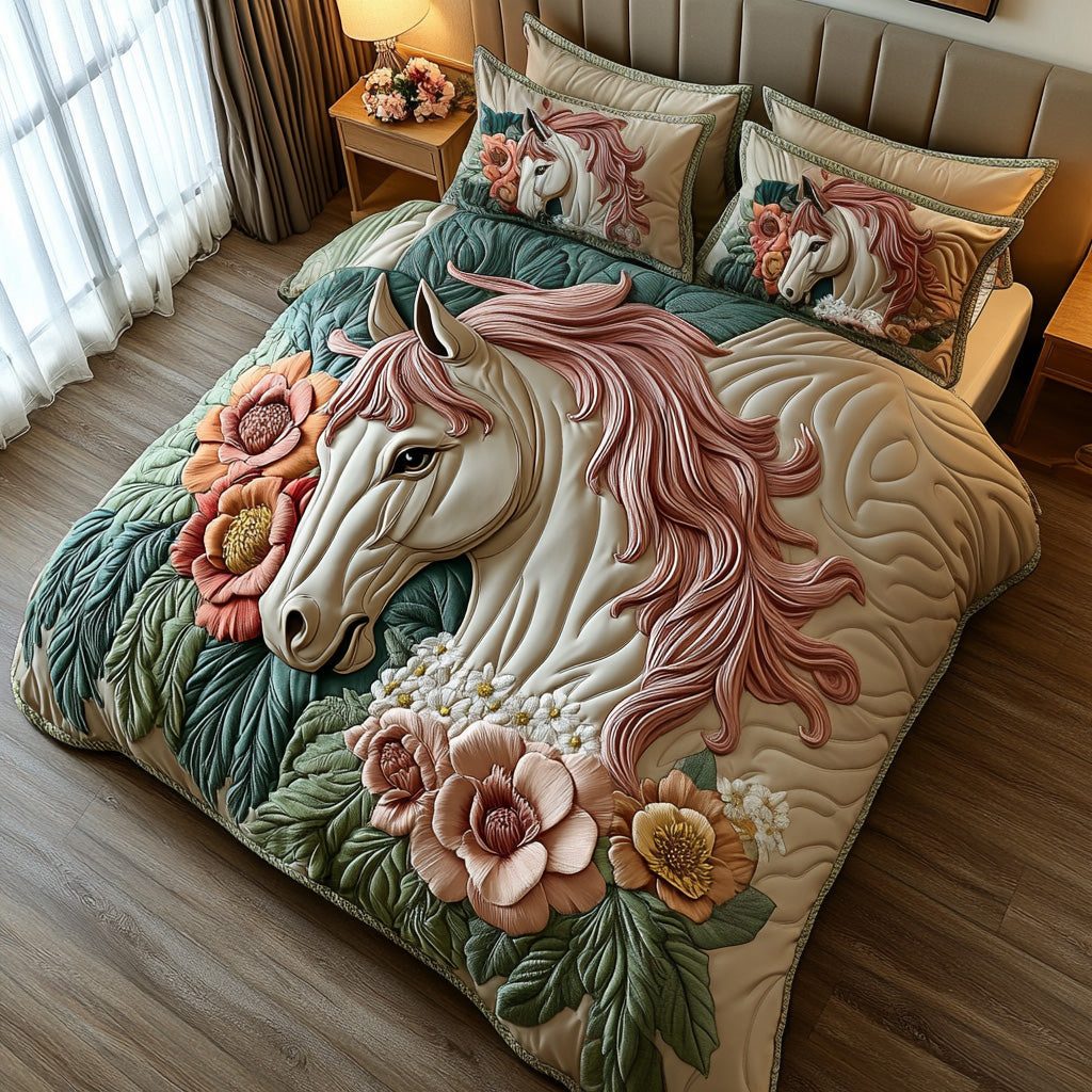 Meadow Gallop quilted 3-piece bedding set on a made bed with two matching pillow shams
