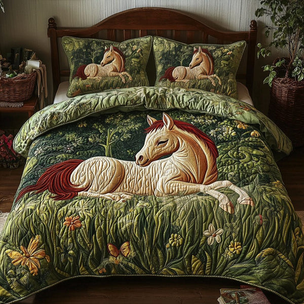 Meadow Gallop quilted 3-piece bedding set on a made bed with two matching pillow shams