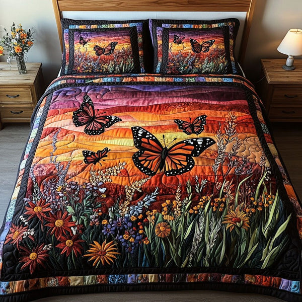 Meadow Glow quilted 3-piece bedding set on a made bed with two matching pillow shams