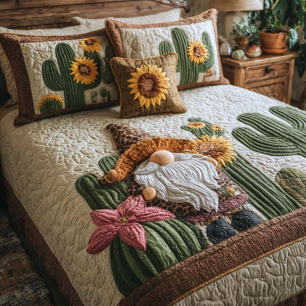 Meadow Gnome Party quilted 3-piece bedding set on a made bed in a winter-styled bedroom