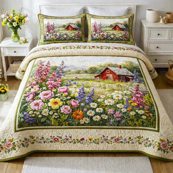 Meadow Harvest quilted 3-piece bedding set on a made bed with two matching pillow shams