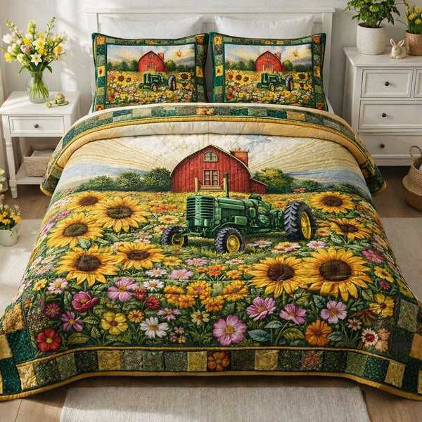Meadow Harvest quilted 3-piece bedding set on a made bed with two matching pillow shams