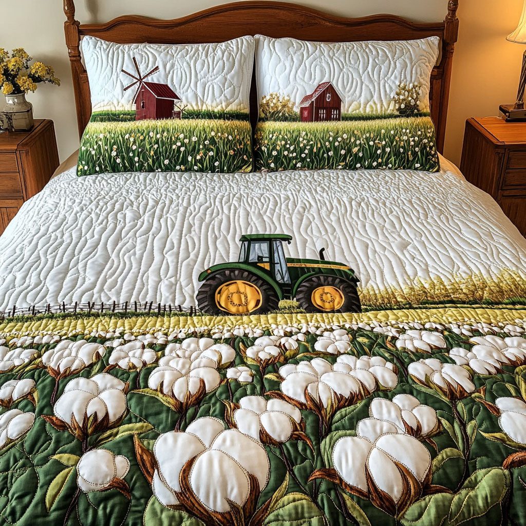 Meadow Harvest quilted 3-piece bedding set on a made bed with two matching pillow shams