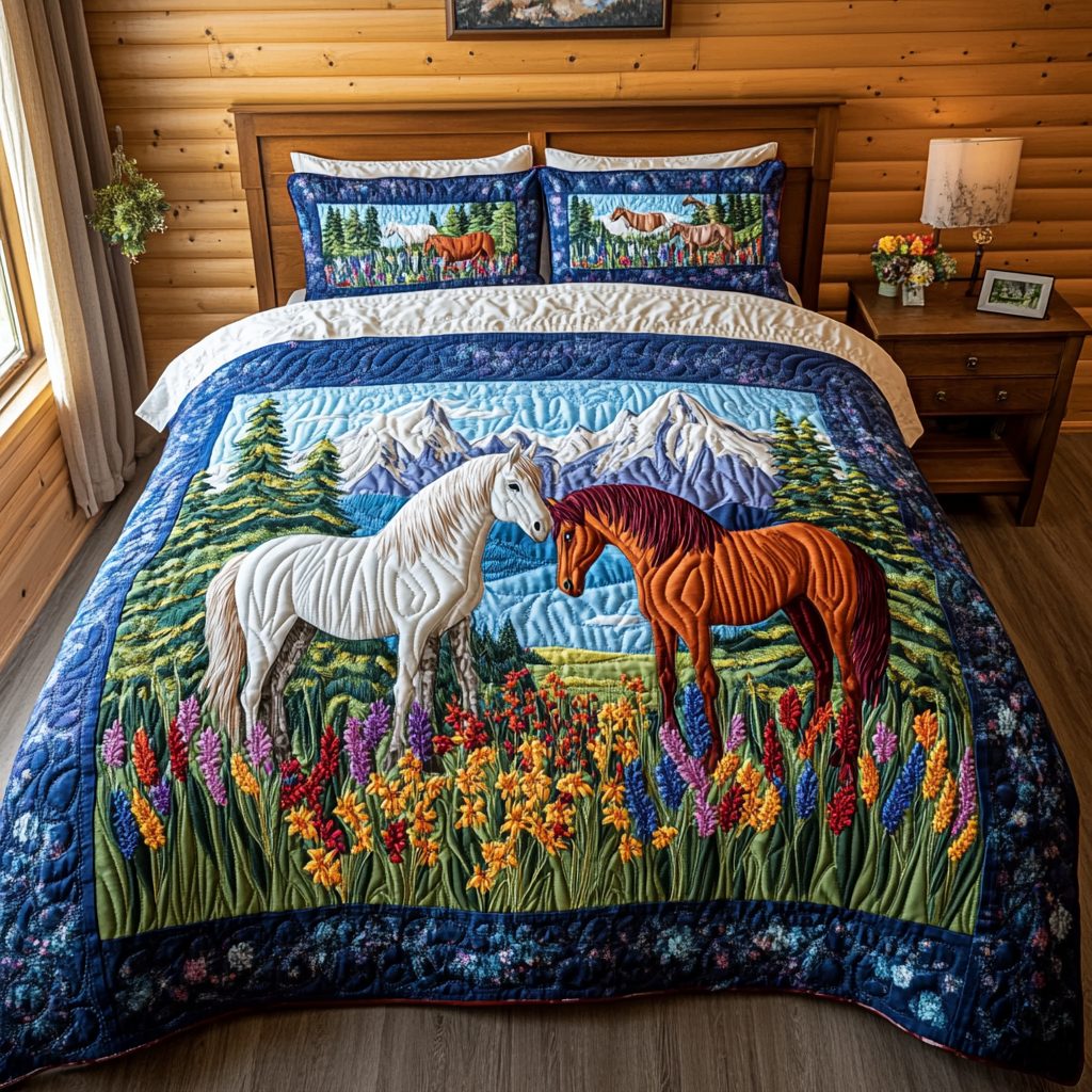 Meadow Horse quilted 3-piece bedding set on a made bed in a rustic timber bedroom