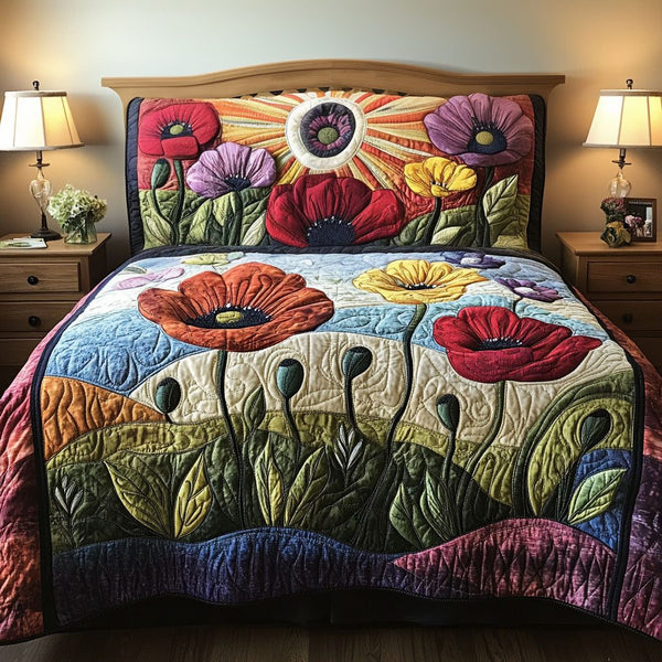 Meadow in Bloom quilted 3-piece bedding set on a made bed with two matching pillow shams