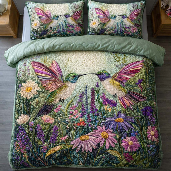 Meadow Kiss quilted 3-piece bedding set on a made bed with two matching pillow shams
