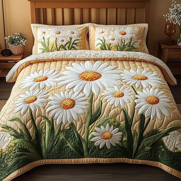 Meadow Kiss quilted 3-piece bedding set on a made bed with two matching pillow shams