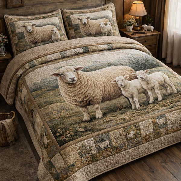 Meadow Lamb Family quilted 3-piece bedding set on a made bed with two matching pillow shams