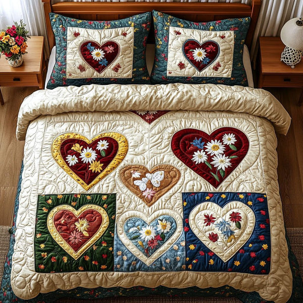 Meadow Love Patch quilted 3-piece bedding set on a made bed with two matching pillow shams