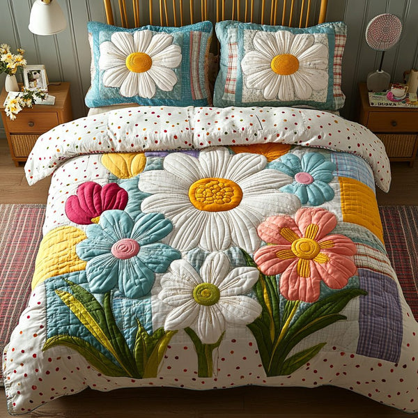 Meadow Magic quilted 3-piece bedding set on a made bed with two matching pillow shams