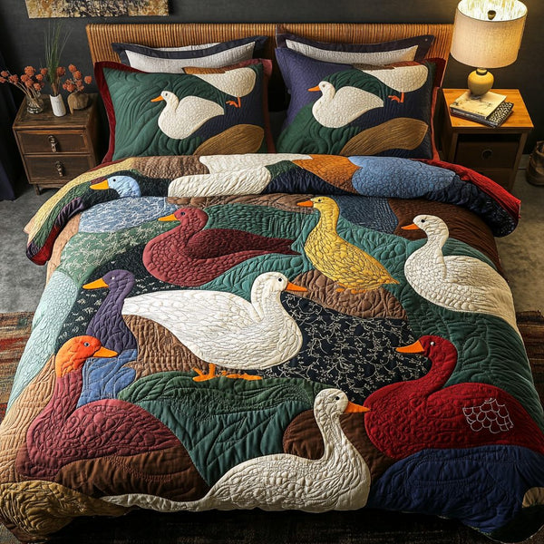 Meadow Mallards quilted 3-piece bedding set on a made bed with two matching pillow shams