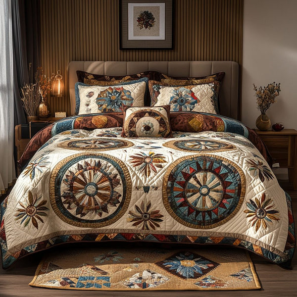 Meadow Medallion quilted 3-piece bedding set on a made bed with two matching pillow shams