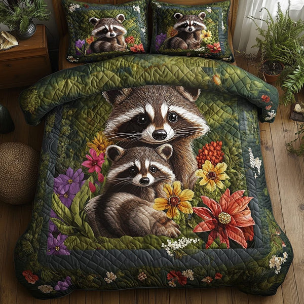 Meadow Mischief quilted 3-piece bedding set on a made bed with two matching pillow shams