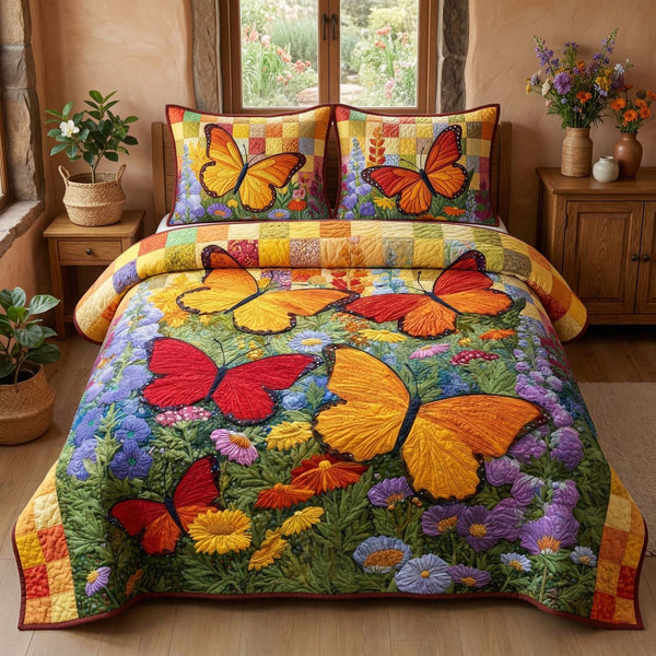 Meadow Monarchs quilted 3-piece bedding set on a made bed with two matching pillow shams