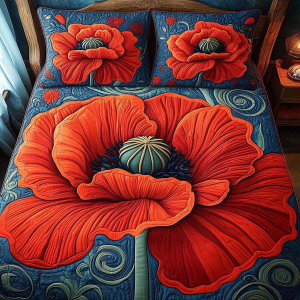 Meadow of Fire quilted 3-piece bedding set on a made bed with two matching pillow shams