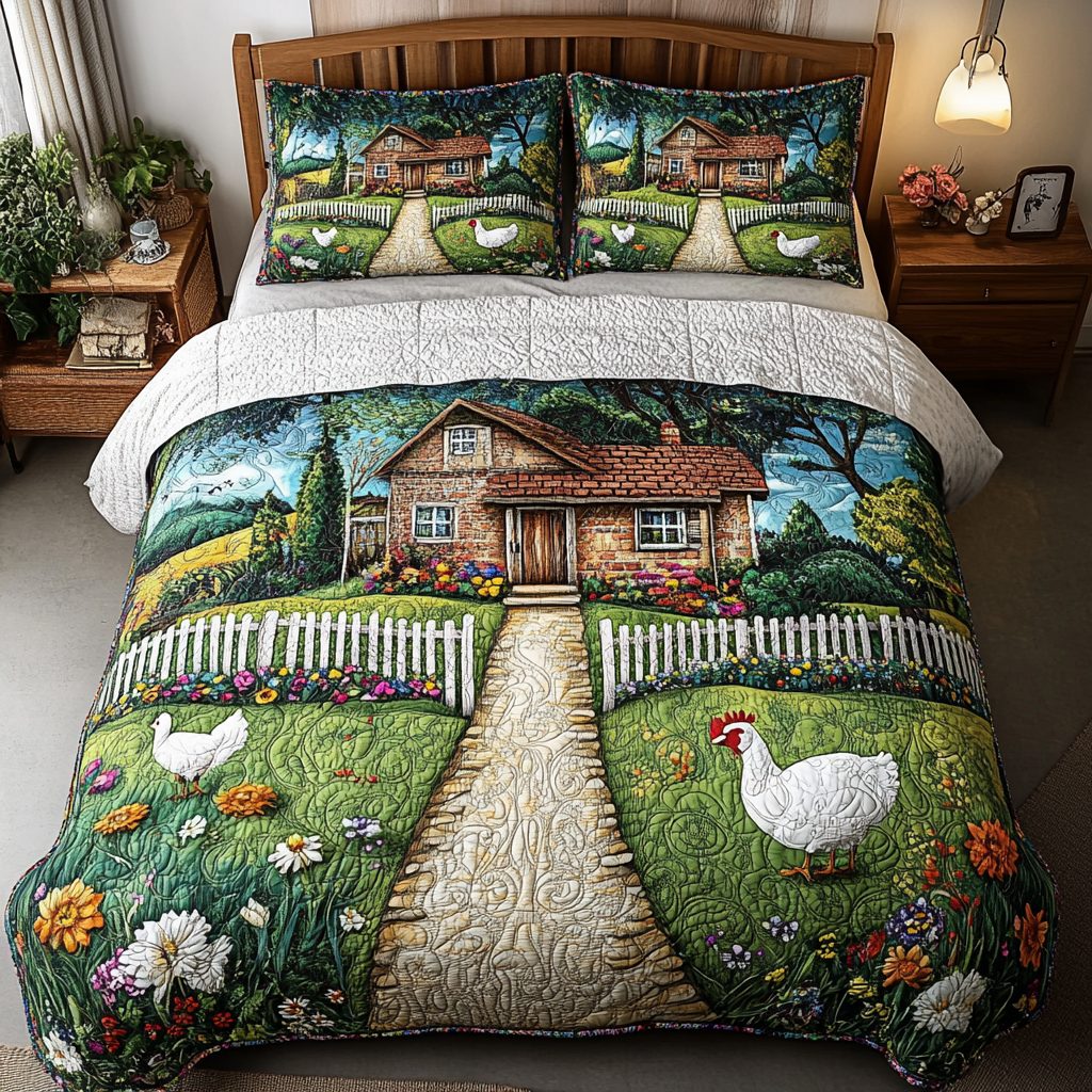 Meadow Path quilted 3-piece bedding set on a made bed with two matching pillow shams