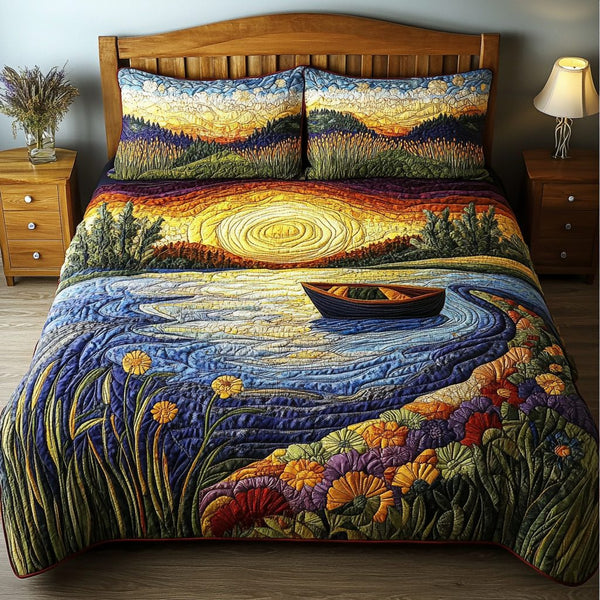 Meadow Pathway quilted 3-piece bedding set on a made bed with two matching pillow shams