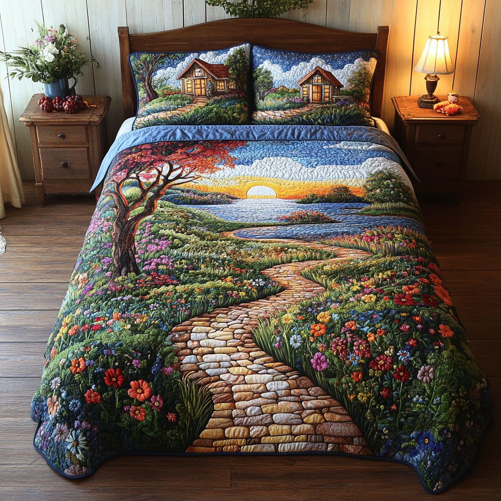 Meadow Pathway quilted 3-piece bedding set on a made bed with two matching pillow shams