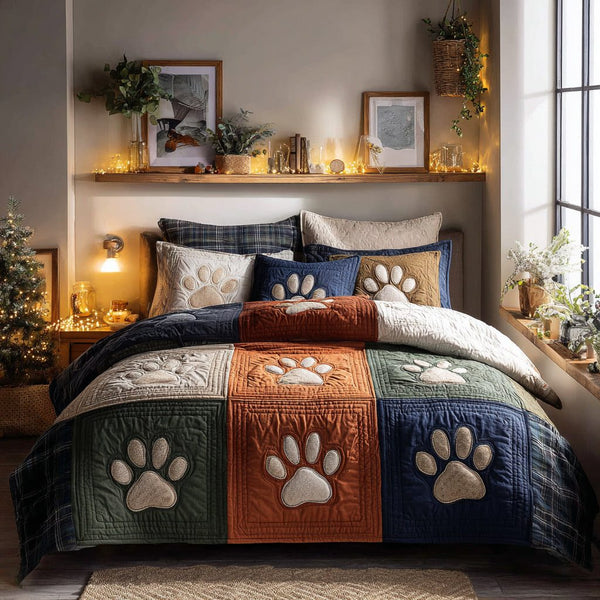 Meadow Pawwalk quilted 3-piece bedding set on a made bed with two matching pillow shams